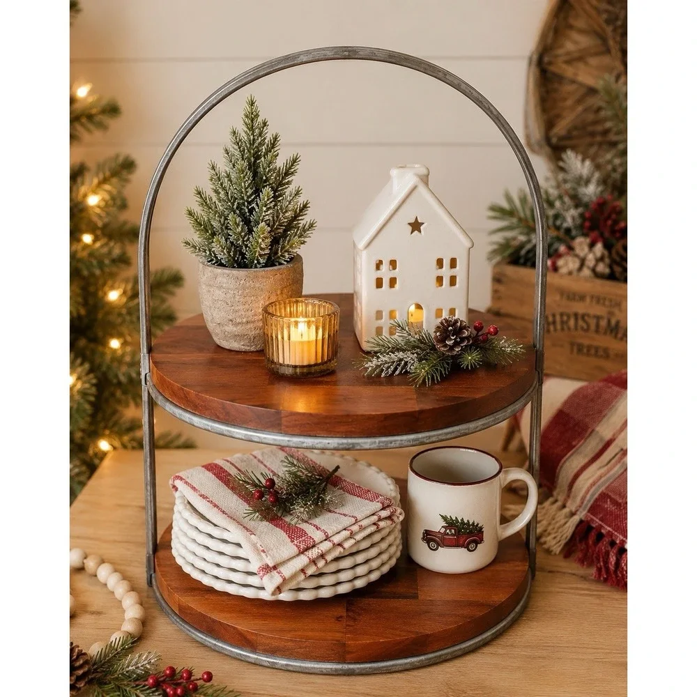 Hearth & Hand Magnolia Wood Metal 2 Tier Cake Stand Serving Tray Rustic